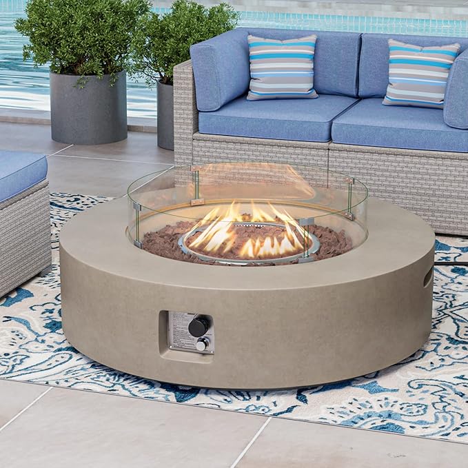 COSIEST Outdoor Propane Fire Pit Coffee Table w Gray 42 inch Round Base Patio Heater, CSA Certified, 50,000 BTU Stainless Steel Burner, Wind Guard, Tank Outside, Free Lava Rocks, Waterproof Cover