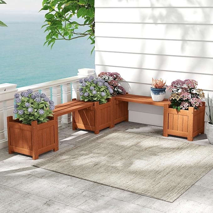 Giantex 2-in-1 Outdoor Bench with 4 Planter Boxes, Wood with Teak Oil Finish, Raised Garden Beds with Open-Ended Base, Garden Bench Seat for Porch Balcony Lawn Yard, DIY Assembly, 42"x11"x11.5"