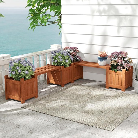 Giantex 2-in-1 Outdoor Bench with 4 Planter Boxes, Wood with Teak Oil Finish, Raised Garden Beds with Open-Ended Base, Garden Bench Seat for Porch Balcony Lawn Yard, DIY Assembly, 42"x11"x11.5"