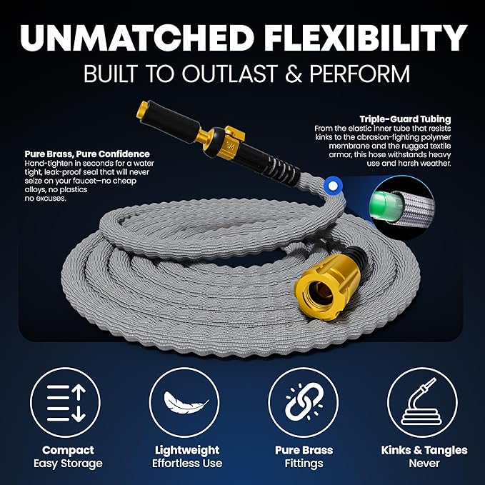 TITAN Flexible Garden Hose 30FT – Ultra Lightweight, Heavy Duty Water Hose with Brass Fittings & Jet Nozzle – Kink-Free, Non-Expanding, Durable Fabric Hose for Yard, Lawn, Car Wash, Outdoor Use