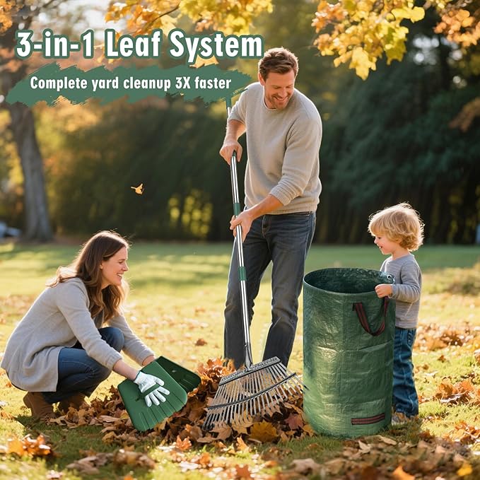 65" Rake,25-Tine Heavy Duty Garden Rake with Leaf Scoops & Bag - Non-Slip Fixed Handle Metal Rastrillo para Jardin for Lawn, Yard, Shrubs, Leaves, Debris