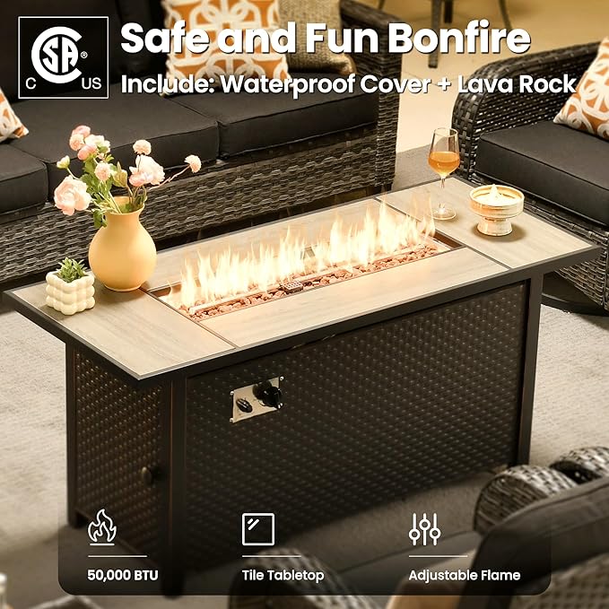 ovios 10 Pieces Patio Furniture Set, Outdoor Wicker Sofa Couch with Rocking Swivel Chairs Solar Lights Table Fire Pit, Modern Deep Seat Rattan Conversation Sets, Black