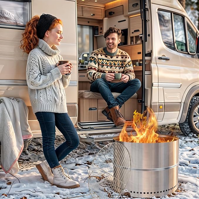 HGD 19.5 Inch Smokeless Firepit with Grill, Portable Wood Burning Fire Pit for Camping & Backyard, Stainless Steel Outdoor Fireplace with Travel Bag, Easy Setup & Compact Storage - Foldable Design