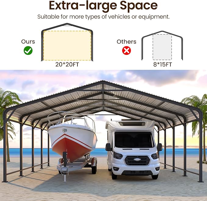 20x20 FT Metal Carport for 2 Cars, Heavy Duty Canopy Carport with Updated Roof & Enhanced Base, Garage Vertaile for RV Car, Truck, Boat, Tractors, Party, Grey