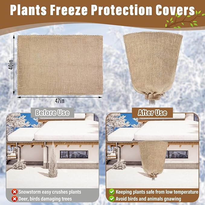 Riare 2 Packs 40 × 47 Inch Burlap Winter Plant Cover Bags with Drawstring- Reusable Large Burlap Sack Plant Frost Protector, Plant Frost Cloth Cold Tree Freeze Blanket for Outdoor Plants Shrubs Fruit