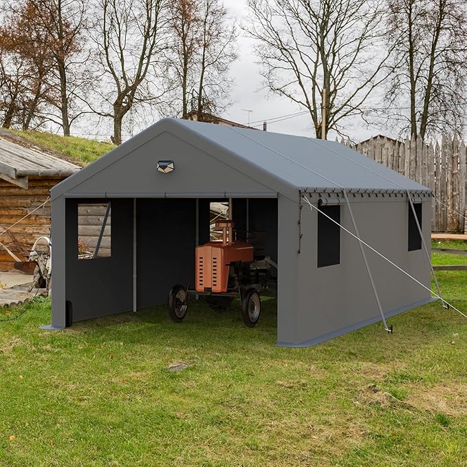 13x25 Carport, Heavy Duty Carport Canopy Garage with Removable Sidewalls and Drive Through Roll Up Zipper Doors, Grey