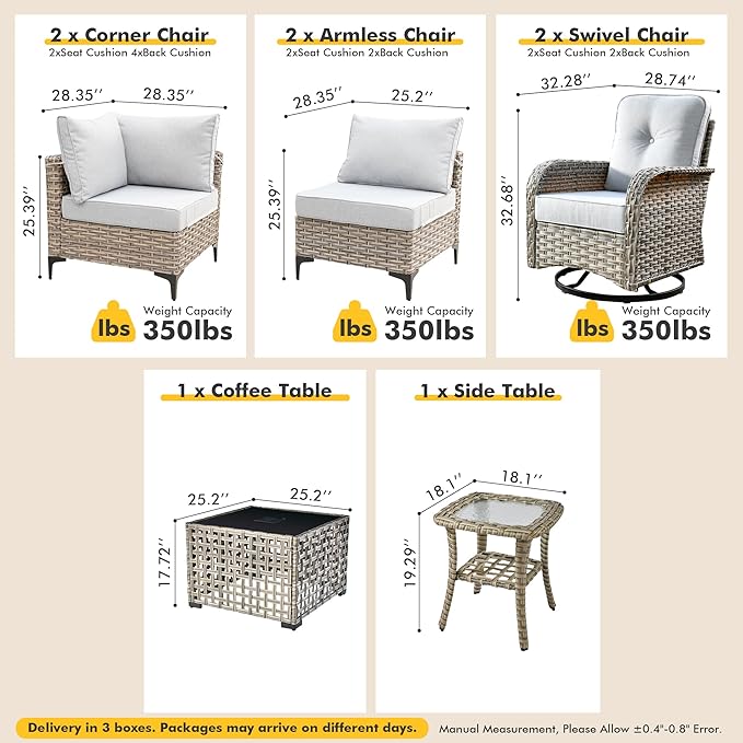 Outdoor Sectional Patio Furniture Set with Swivel Rocking Chairs and Glowing Table,8 Pieces Wicker Conversation Sets L Shaped Couch Out Door Sofa Outside Furniture for Garden Deck Yard Porch,Grey