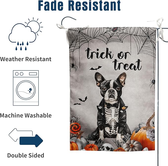 Halloween Boston Terrier Garden Flag Trick or Treat Yard Flag Ghost Dog Garden Flags for Outside 12x18 Double Sided Mini Skeleton Halloween Decor Outdoor Lawn Welcome Flag
