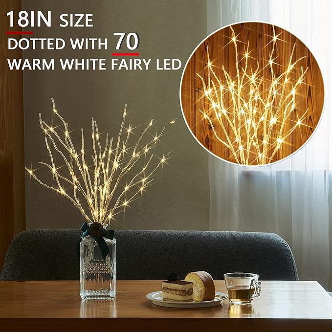 Fudios Lighted Birch Branches 18IN 70 White Willow LED with Timer Battery Operated for Christmas Party Wedding Decoration Twig Lights Outdoor