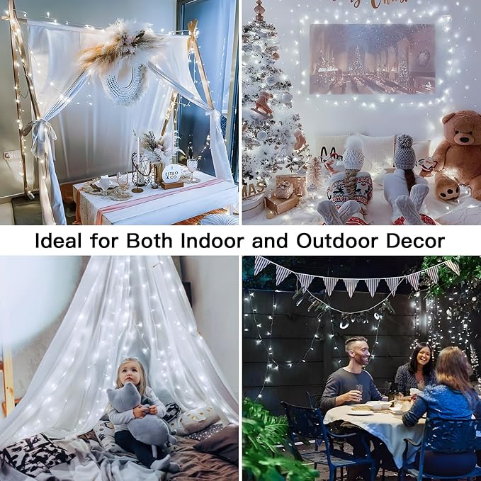 suddus 33ft 100 LED White String Lights with Timer, 12 Modes Twinkle String Lights Plug in, Connectable Indoor/Outdoor White Christmas Lights for Bedroom, Tree, Wedding, Party Decorations