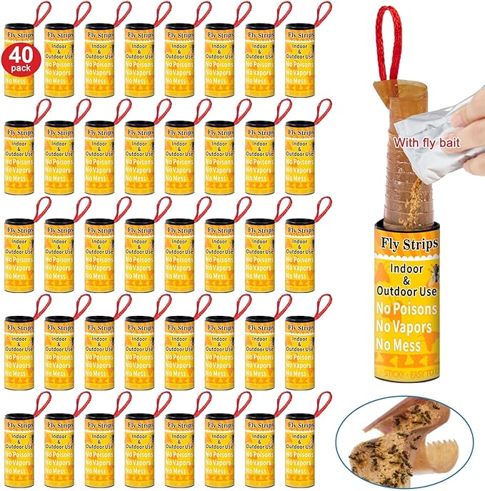 Glovv 40 Pack Sticky Fly Trap Indoor, Flies Strips Indoor Outdoor Hanging Paper Rolls for Home, Bug & Fruit Gnat Ribbons Tape Killer Catcher for Kitchen, Flying Insect Trap for Winged Insect, Mosquito