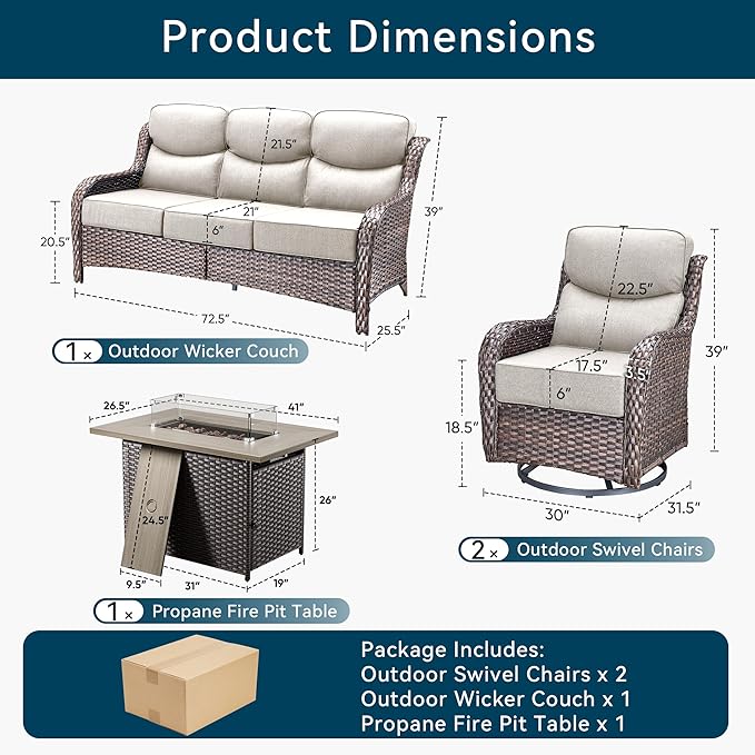 Luxury High Back Outdoor Furniture 6-Inch Thick Cushions with 50,000 BTU Gas Propane Fire Pit Tablet, Patio Furniture Set with Swivel Chairs, for Porch, Balcony, Deck and Yard