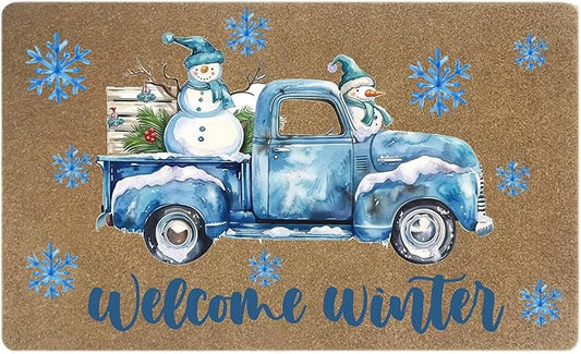 Winter Christmas Faux Coir Door Mats Outdoor, Winter Snowman Snowflake Door Mat for Home Outside Entryway, Blue Truck Christmas Welcome Doormat for Indoor Outdoor Porch Entrance, 17x30 Inch