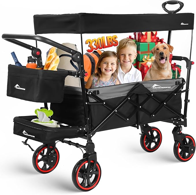 Collapsible Canopy Wagon,Large Capacity Trolley, Foldable Portable cart with Canopy, Adjustable Push/Pull Handle, Shock-Absorbing Wheels, Suitable for Shopping,Traveling-B