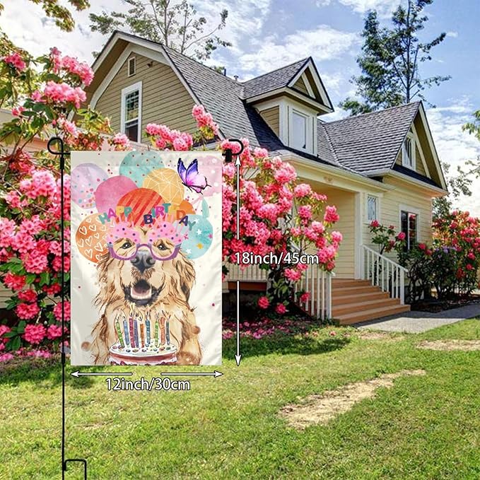 Happy Birthday Cake Balloon Ribbon Golden Dog Retriever Garden Flag Welcome Party Outdoor Outside Decorations Picks Home House Garden Yard Decor 12x18 Inch
