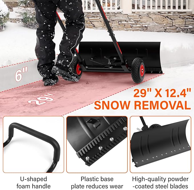 Snow Shovel with Wheels,Heavy Duty Steel Snow Shovel Pusher for Driveways,Sidewalks,3 Level Adjustable Handle and Angle Blade Push Plow