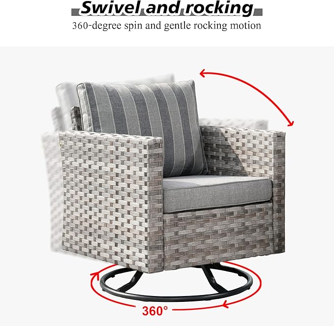 HOOOWOOO 10 Piece Modular Patio Outdoor Sectional Furniture Set with Gas Propane Fire Pit Table,Wicker Conversation Sofa Set with Swivel Chairs,Outside Couch Set(Grey Stripes)