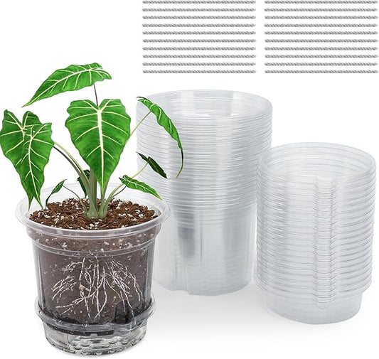 20 Packs 5 Inch Clear Plant Pots, Plastic Self Watering Planters with Drainage Holes, Deep Reservoir, Transparent Nursery Pots