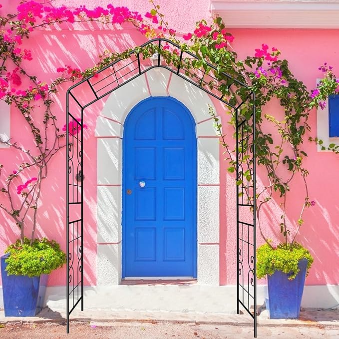 Metal Garden Arch 94.5" H Garden Arbor Trellis Climbing Plants Support Lines Pattern Arch Outdoor Lawn Wedding Party Events Archway Black