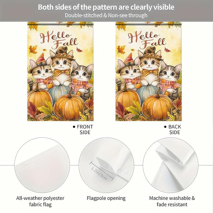 Fall Garden Flag 12x18 Inch Hello Fall Kitten Yard Banner Autumn Cat Outdoor Flag with Pumpkins and Leaves Double Sided Tabby Cat Seasonal Decor for Porch Lawn Thanksgiving