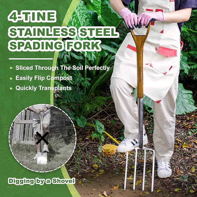 Garden Pitch Fork, 4-Tine Stainless Steel Spading Fork, 43.9'' Digging Fork with Good Leverage for Easy Digging Out Weed, Ergonomic D Handle Garden Fork for Composting, Digging Potatoes Loosening Soil