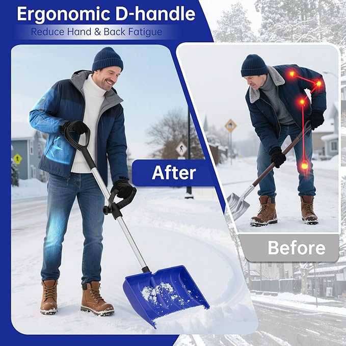 Snow Shovel for Driveway: 48" Ergonomic Dual D-Handles for Less Back Strain - Aluminum Wear Strip Cleaning Shovel - Lightweight & Portable Snow Removal Tool for Car Camping Outdoor (Blue)