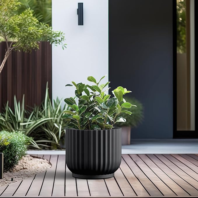Kante Round Fulted Planter, 14 Inch Dia Large Concrete Plant Pots with Drainage Hole and Rubber Plug, Modern Decor for Indoor Outdoor Plants, Flower, Black