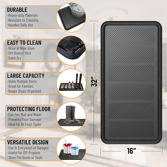 Ottomanson Indoor/Outdoor Boot Tray Non-Slip Rubber 16" x 32" Modern Entryway Mat for Entryway, Patio, Backyard, Garage, 16" x 32", Black