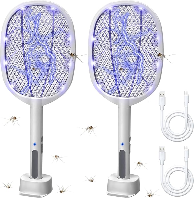 Lulu Home 2-in-1 Electric Bug Zapper Racket, 2 Pack 3000V High Voltage LED Lighted Handheld Mosquito Swatter with 3 Layer Safety Mesh, USB Charging Portable Fly Killer Racquet