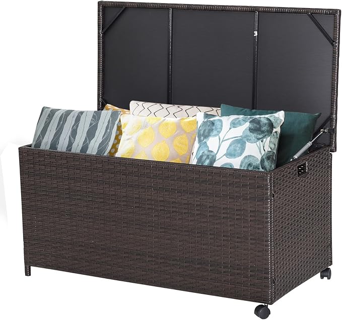 Tangkula 50 Gallon Wicker Deck Storage Box, Patio Rattan Storage Container with 2 Universal Wheels, Safety Pneumatic Rod, Zippered Liner, Sturdy Steel Frame, Ideal for Backyard, Poolside