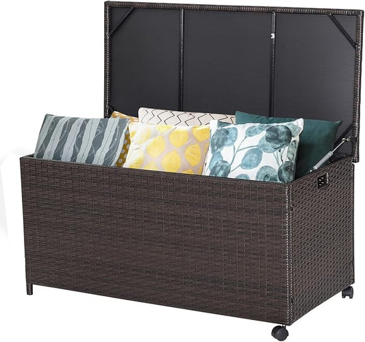 Tangkula 50 Gallon Wicker Deck Storage Box, Patio Rattan Storage Container with 2 Universal Wheels, Safety Pneumatic Rod, Zippered Liner, Sturdy Steel Frame, Ideal for Backyard, Poolside