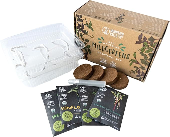 Self Watering Indoor Microgreens Kit - Complete Soil Microgreens Growing Kit for Vegetable Seeds & Herb Seeds - Black Sunflower Seeds, Pea Shoots Microgreen Seeds, Swiss Chard Seeds, & Cilantro Seeds