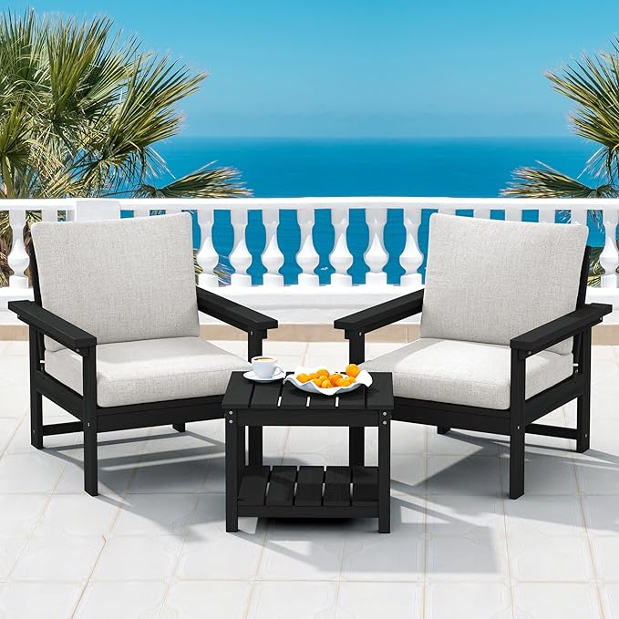 SERWALL HDPE Patio Sofa Set, 3-Piece Sectional Outdoor Furniture Set, All Weather Outdoor Couch Set Patio Furniture Set for Deck, Lawn, Black Frame with Khaki Cushion