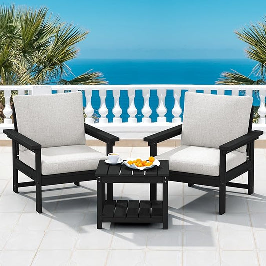 SERWALL HDPE Patio Sofa Set, 3-Piece Sectional Outdoor Furniture Set, All Weather Outdoor Couch Set Patio Furniture Set for Deck, Lawn, Black Frame with Khaki Cushion