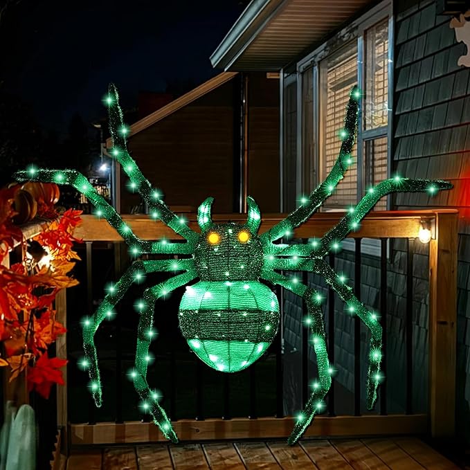 【1 Piece】 4.6Ft Giant Spider Halloween Decorations Outdoor 55" Light Up Spider with 90 LED Lights for Front Yard, Porch, Garden, Lawn, Halloween Party (Green)
