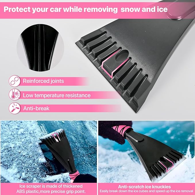 27" Snow Brush and Ice Scrapers for Car Windshield 2 Pack, Scratch-Free Bristle Head PVC Snow Brush & Foam Grip Window Snow Scraper Snow Removal Tool with Aluminum Body for Truck, SUV, Pink