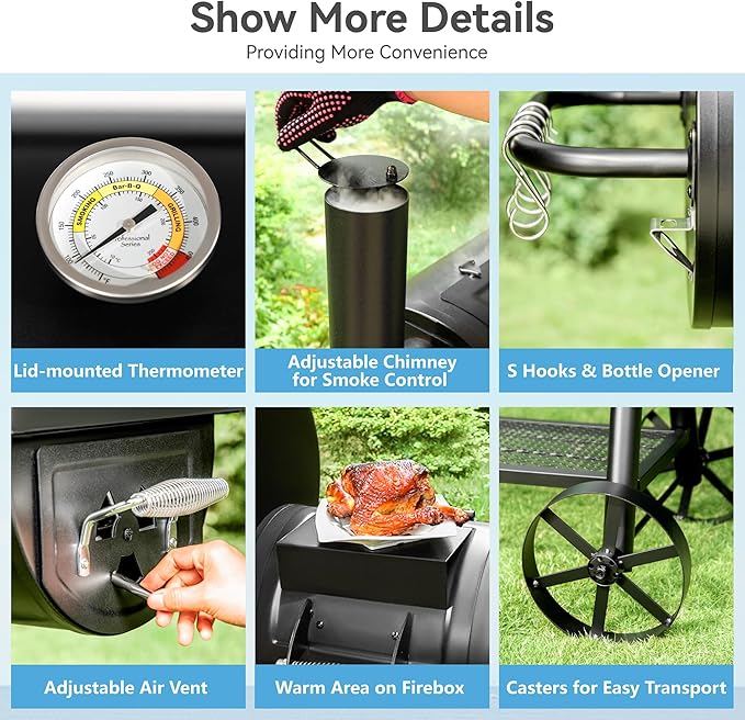 GREEN PARTY Offset Smoker Charcoal Grills with 37 Inch Cook Chamber, Barrel Smoker and Charcoal Grill Combo, 941 Sq. In. Space Barrel Smoker Grill for Outdoor BBQ Patio Backyard Cooking