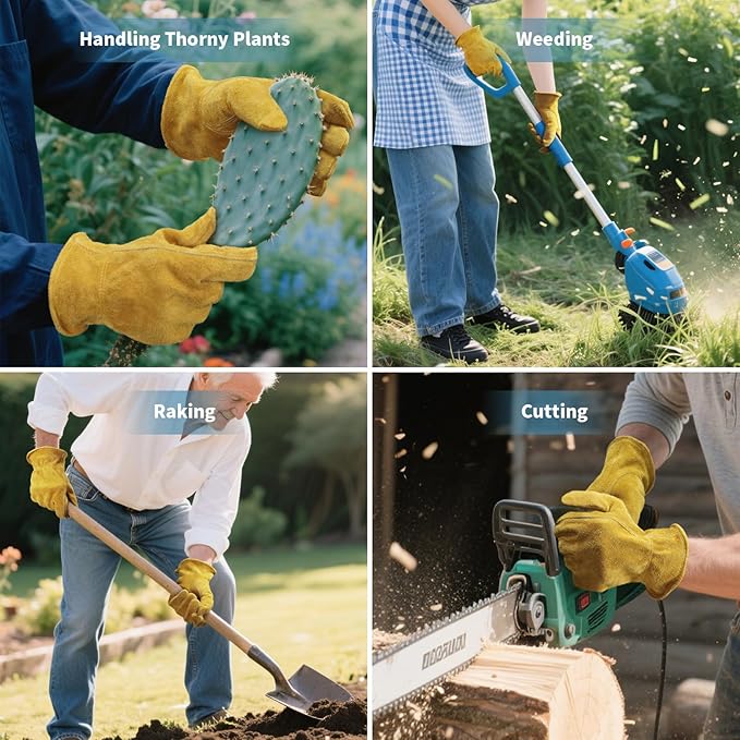 Gardening Work Gloves Leather: Garden Men Women Thorn Proof Cowhide Gardening Gloves for Heavy Duty Yard Work