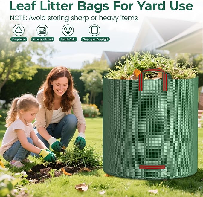 EsLuker.ly 4 Pack Garden Lawn Leaf Waste Bags, 132 Gallons Reusable Yard Litter Bag with 2 Pairs Gardening Gloves, Heavy Duty Trash Containers with Handles for Outdoor Cleanup, Ideal for Homeowners