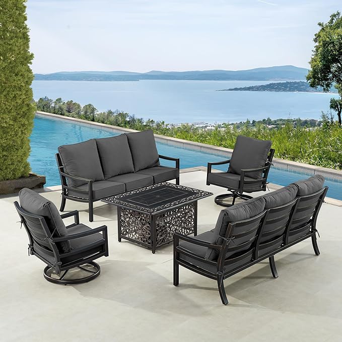 Oakland Living Black Aluminum Patio Fire Table Set with Two Deep Seating Sofa with Cushions and Two Club Chairs with Black Cushions