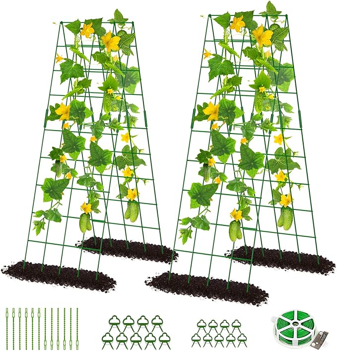DoCred Cucumber Trellis, 59" High 2 Pack Foldable A Frame Trellis for Raised Bed Climbing Plants, Vegetables, Includes Plant Support Clips, Twist Ties, Plastic Ties- Made from PVC-Coated Steel