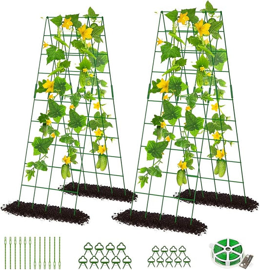 DoCred Cucumber Trellis, 59" High 2 Pack Foldable A Frame Trellis for Raised Bed Climbing Plants, Vegetables, Includes Plant Support Clips, Twist Ties, Plastic Ties- Made from PVC-Coated Steel