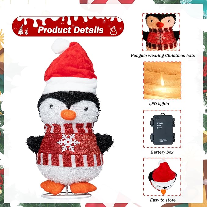 Christmas Penguin Lighted Display with LED Warm White Lights for Indoor/Outdoor Decorations
