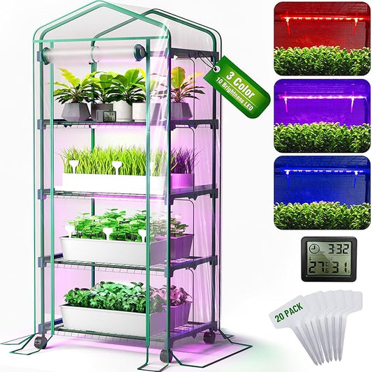 PYY Mini Indoor Greenhouse with Grow Light - Small Portable Outdoor Plant Green House Cabinet with Wheels, Thermometer, PVC Tent Cover, 4 Dimmable 3 Color 2FT 36W LED Kit, 4 Tier Gardening Shelves