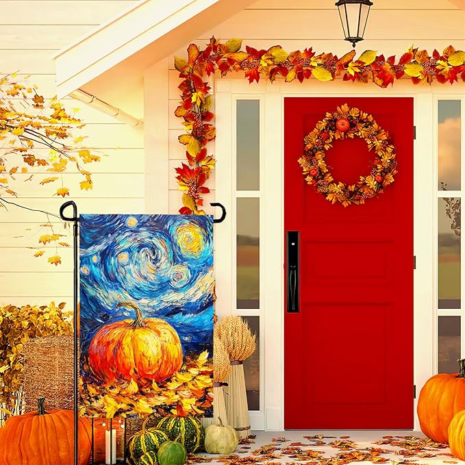 Fall Pumpkin Garden Flag Autumn Golden Leaf Yard Flags Van Gogh Oil Painting House Banner Art Starry Night Sky Moon Thanksgiving Harvest Garden Flags for Outside Porch Lawn Decor 12 x 18 Inch