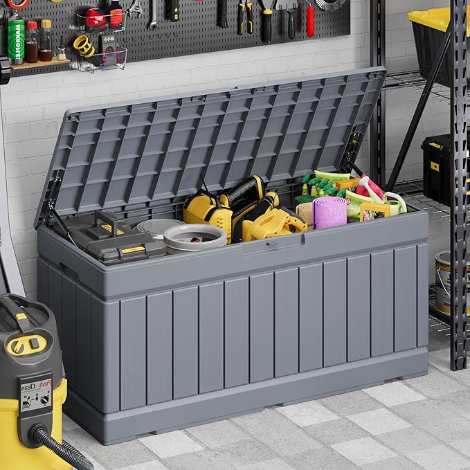 Devoko 78 Gallon Deck Box, Waterproof Resin Outdoor Storage Box for Outside and Patio, Outdoor Storage Bench Lockable for Patio Furniture, Garden Tools and Pool Supplies (Grey, 78 Gallon)