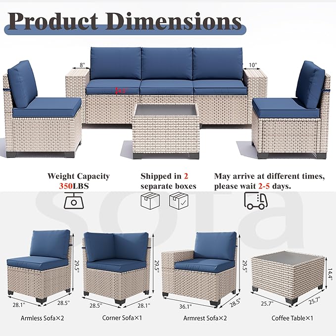 6 Pieces Patio Furniture Set, Outdoor Sectional Wicker Sofa with Thickened Cushions and Coffee Table, High Back Rattan Patio Conversation Sets for Garden Backyard, Navy