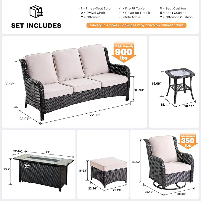 ovios 7 Pieces Patio Furniture Set, Outdoor Wicker Sofa Couch with Swivel Chairs 54" Fire Pit Table, All Weather High Back Modern Conversation Sets, Brown Rattan, Beige