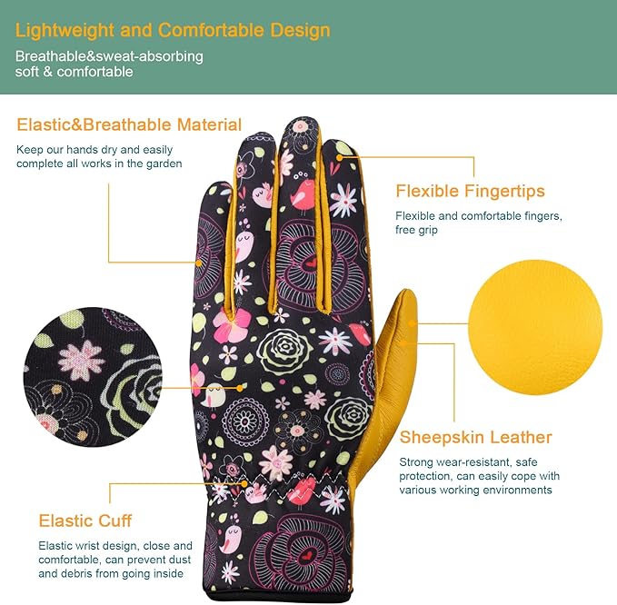 Bamllum Leather Gardening Gloves for Women - Working Gloves for Weeding, Digging, Planting, Raking and Pruning