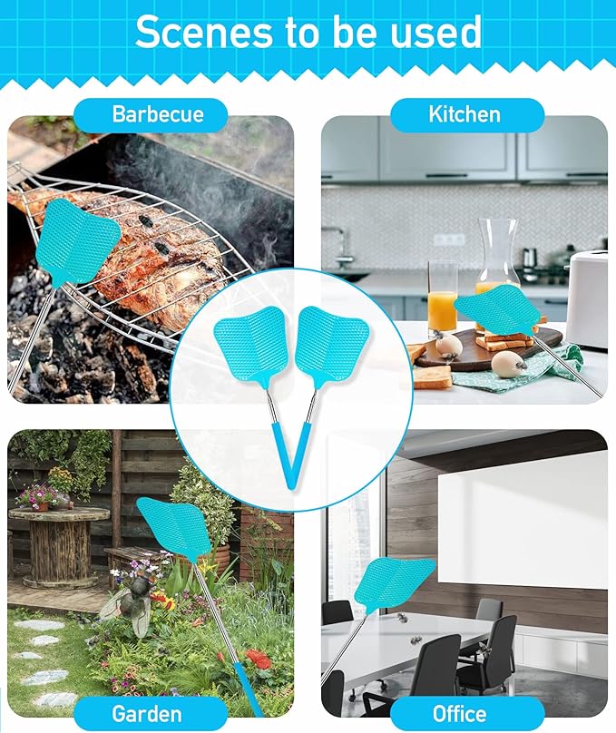 Wapodeai 2 Pack Fly Swatters Heavy Duty Set, Telescopic Fly Swatter, Stainless Steel Handle for Flyswatter (Blue)